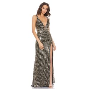 Mac Duggal Metallic Embellished Plunge Neck Gown - beaded & sequins